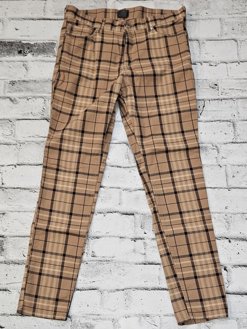 H&M Men's Skinny Fit Plaid Pants Size 32 Brown Tan Stretch Trousers
